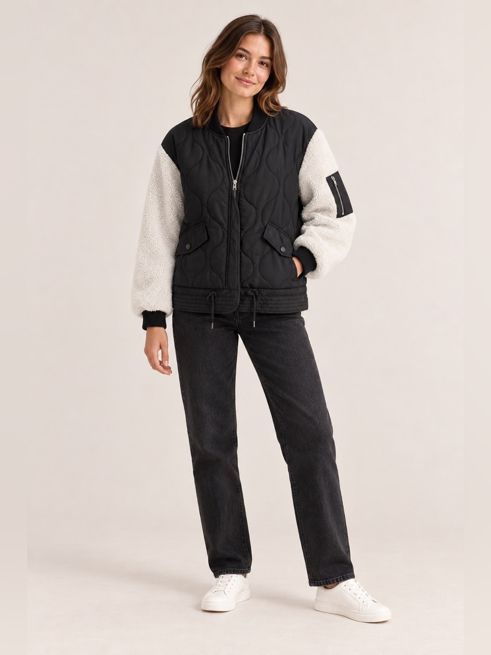 Focus Quilted Sherpa Sleeve Bomber Jacket Black White Size M